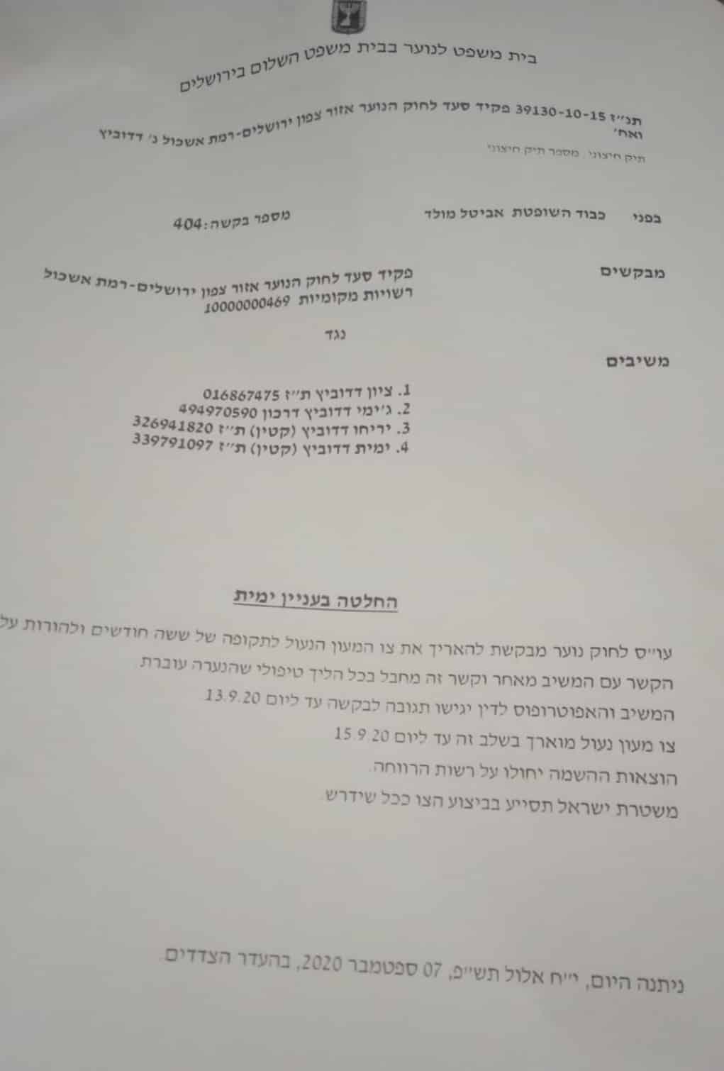 החלטה שופטת אביטל מולד בענין הילדה החטופה ברווחה ימית דדודביץ