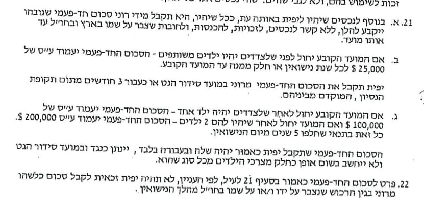 סעיף 21 בהסכם הממון של יפית שחר שעליו היא דורשת 15 מיליון שח