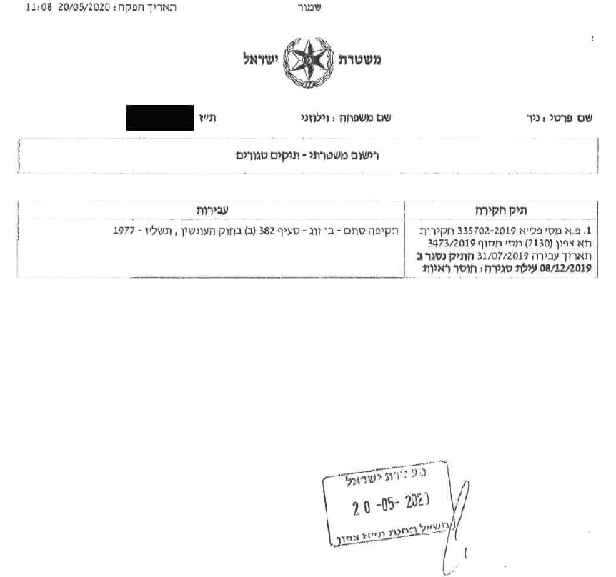 הודעת השוטרת שולמית דוד משטרת ירקון שלא להעמיד לדין את ניר וילוז'ני