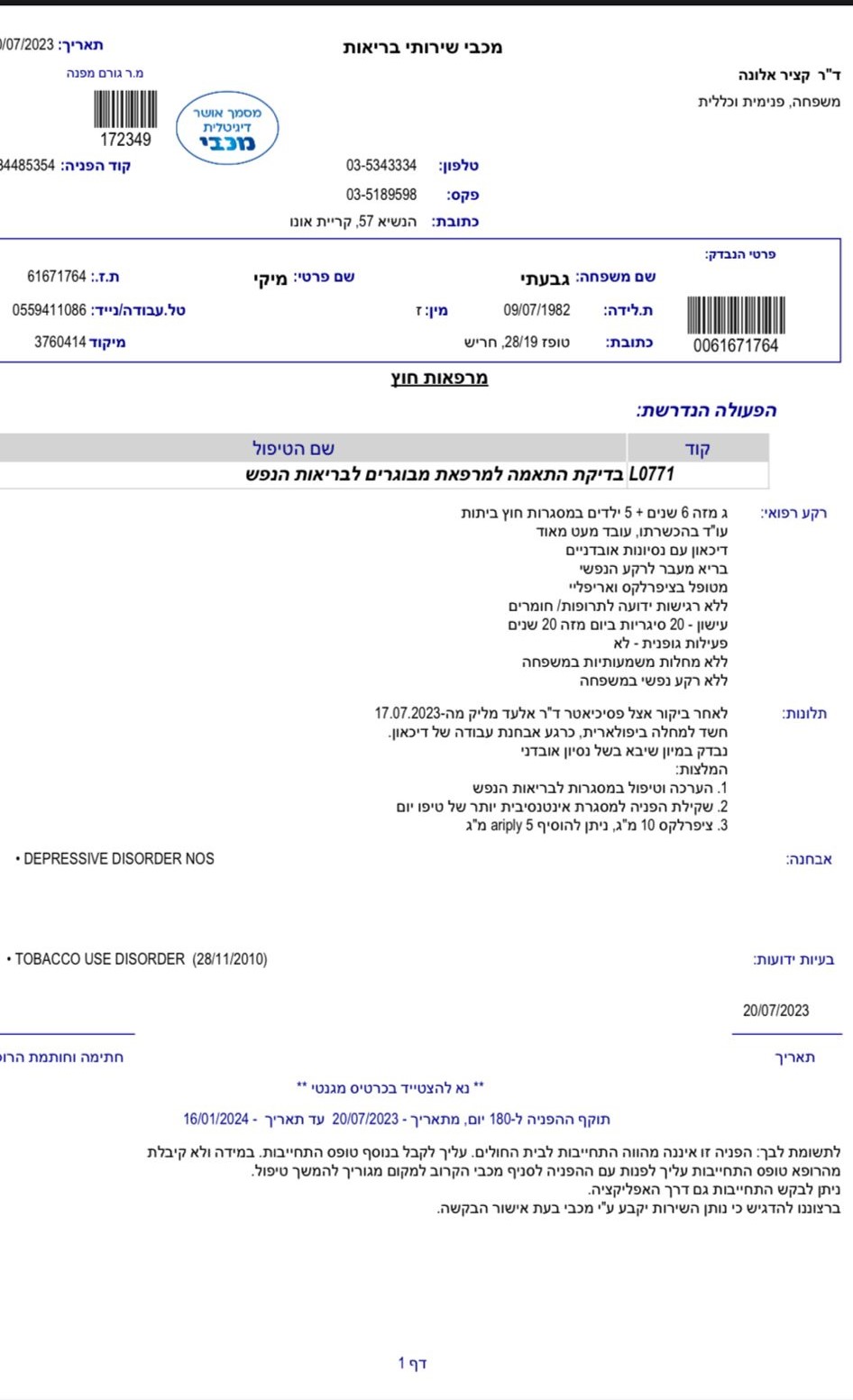 מיקי וייס מיקי גבעתי בדיקה בקופת חולים על טיפול פסיכיאטרי אלונה קציר מכבי 2023