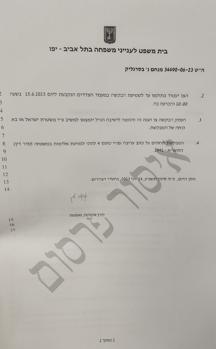פרוטוקול צו הגנה במעמד צד אחד אצל לורן אקוקה לילך מנחם נ אייל בסרגליק עמ 2 34490-06-23