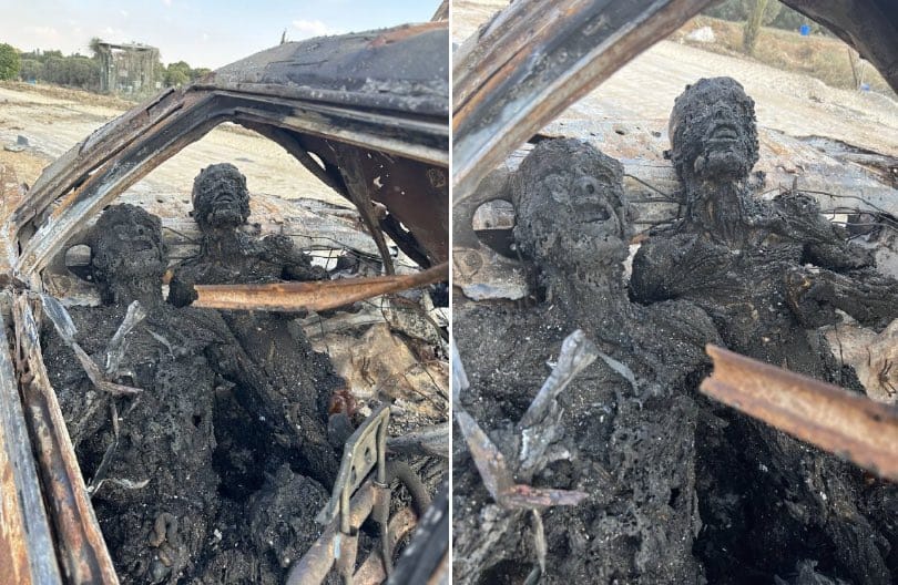 חרבות ברזל גופות של יהודים שרופים במכונית שהוצתה עי פלסטינים