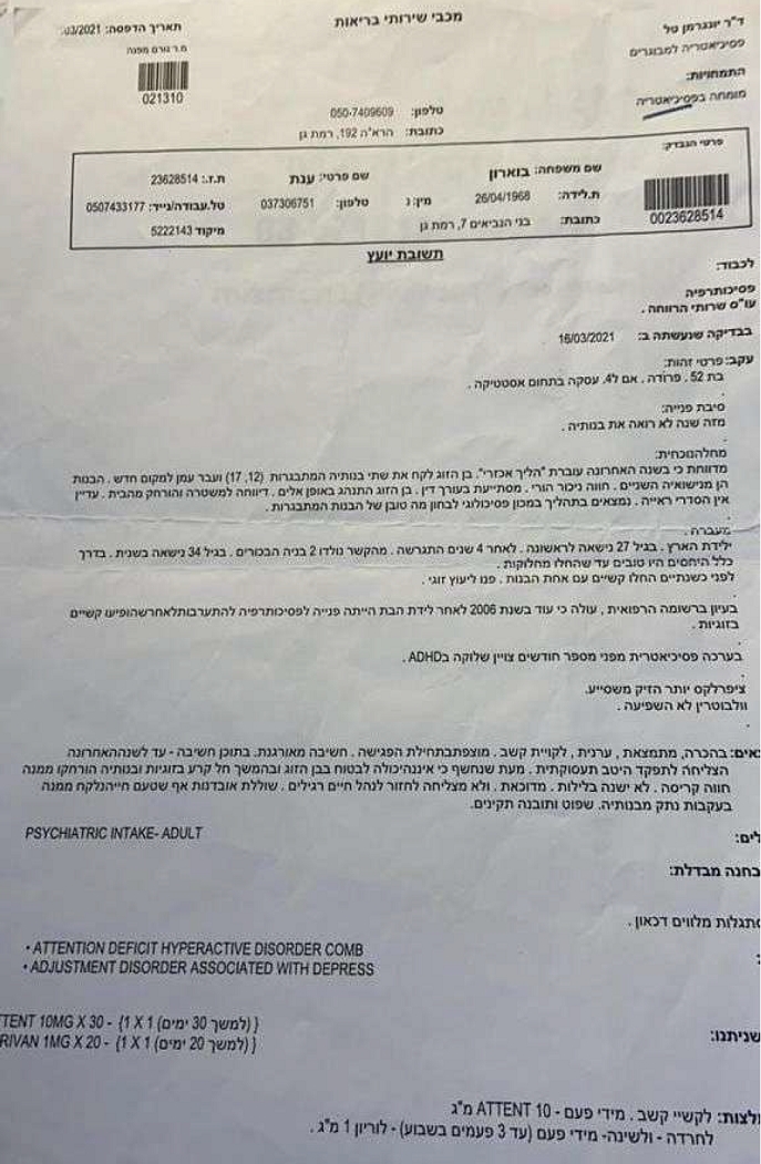 טל יונגרמן סיכום ביקור אצל פסיכיאטר של ענת בוארון 1-2-2021