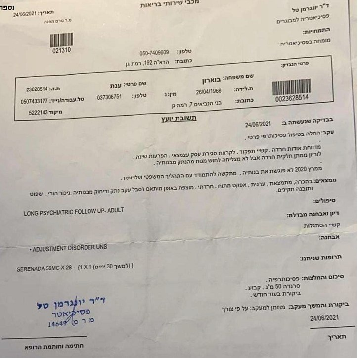 טל יונגרמן סיכום ביקור אצל פסיכיאטר של ענת בוארון 24-6-2021