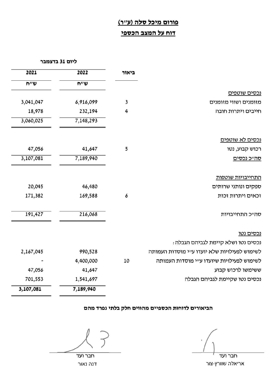 דוח כספי של לילי בן עמי ופורום מיכל סלע ל 2022 3100000 שח עודף