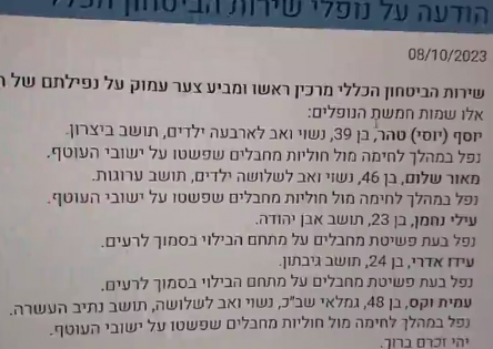 הודעה על נופלי השבכ ב 7-10-2013 נהרג עידו אדרי הבן של מפקד היממ חנן אדרי