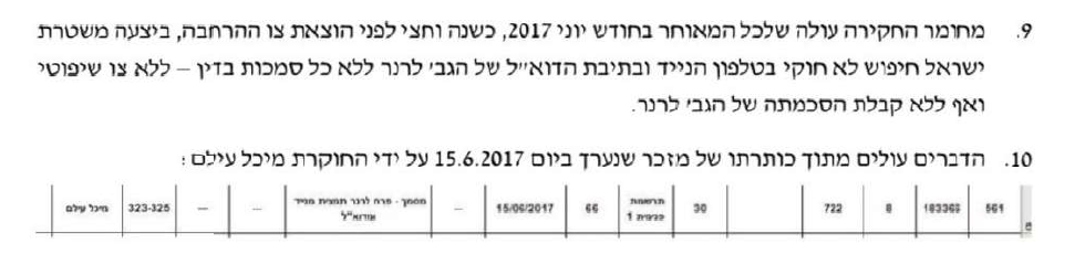 מזכר של מיכל עילם על חיפוש לא חוקי בטלפון של פרח לרנר ב 15-7-2017